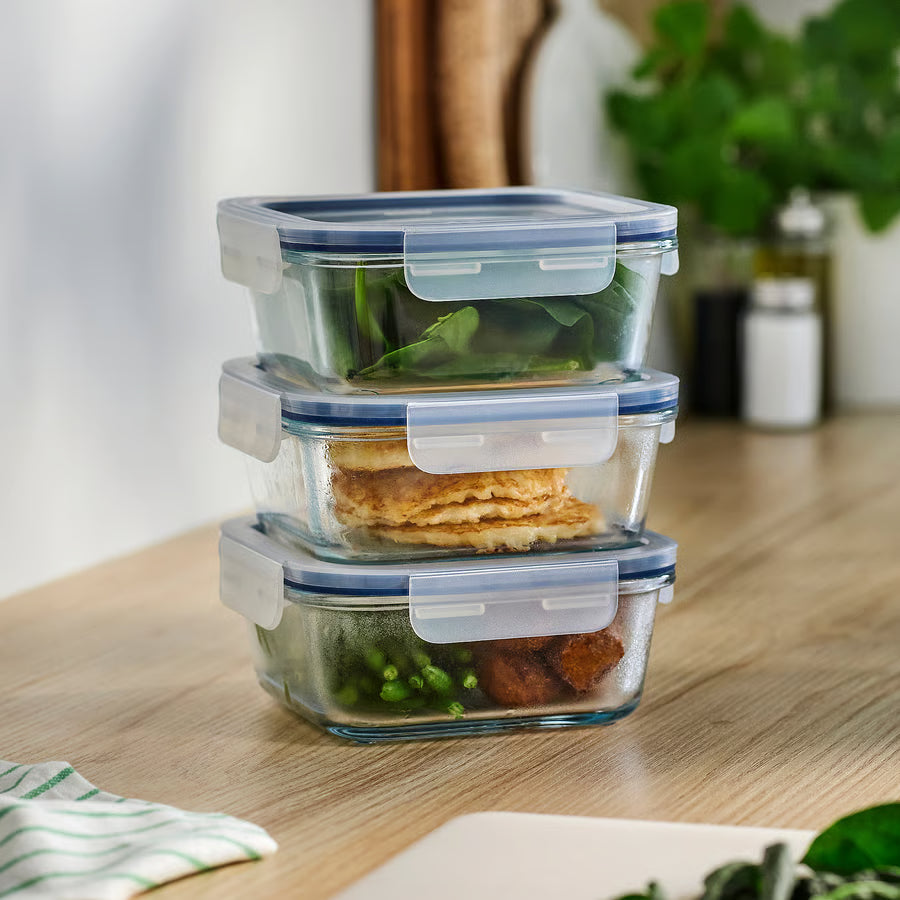 Food container with lid, square/glass, 600 ml (20 oz.) [ 3 pack ]